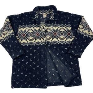 Vintage Blue Snowflake Button-Up 90s Winter Warm Cozy Fleece Size Large